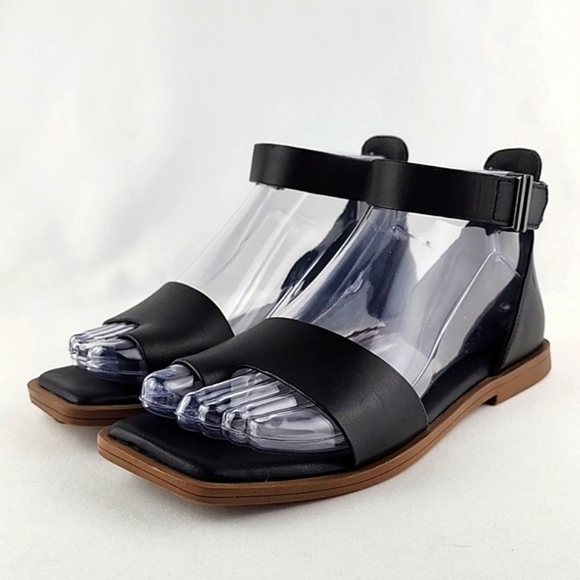 Franco Sarto Miras Black Flat Leather Sandal Ankle Strap Toe Ring Size 6M - Picture 11 of 16